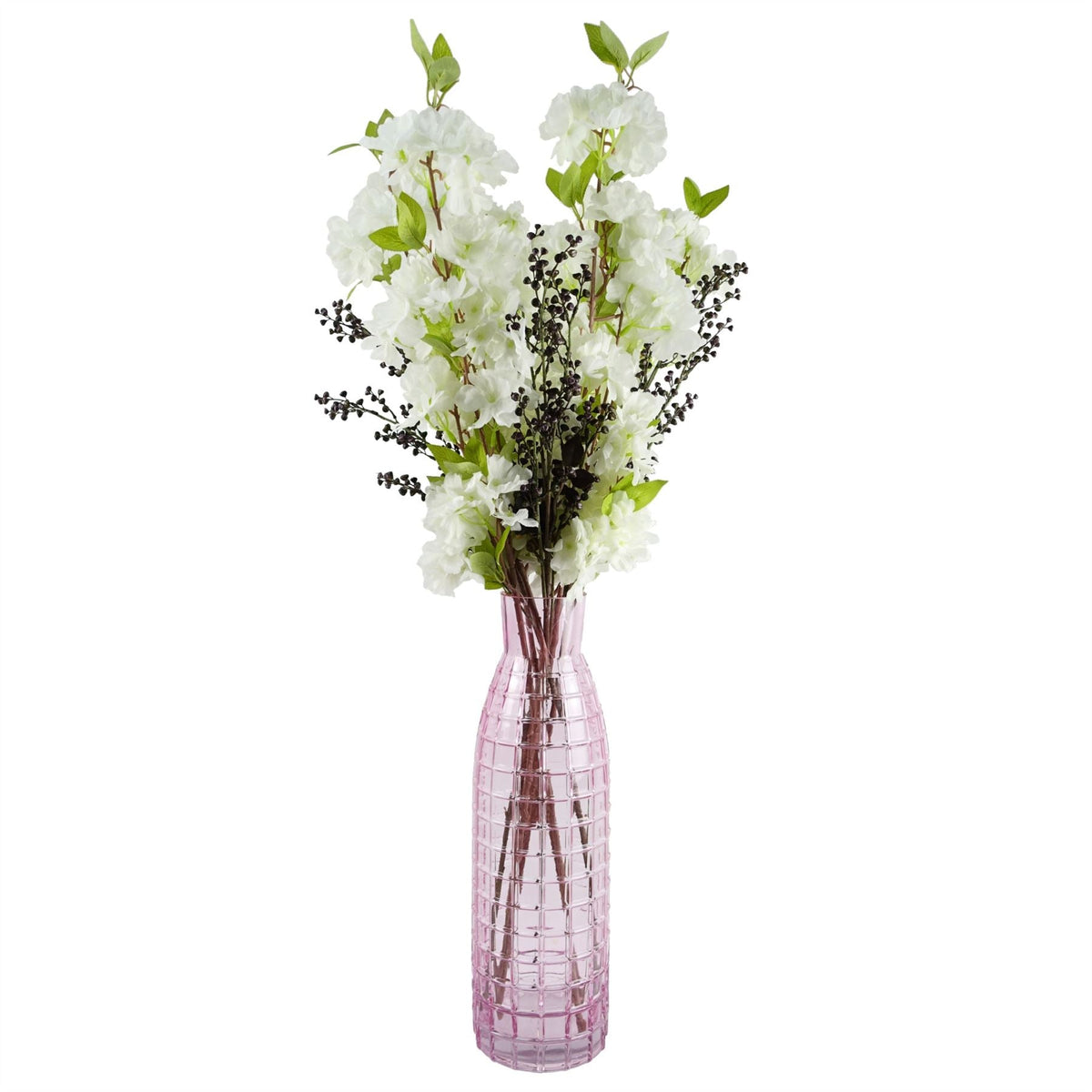 Leaf 100cm White Artificial Blossom and Berries Glass Vase-0