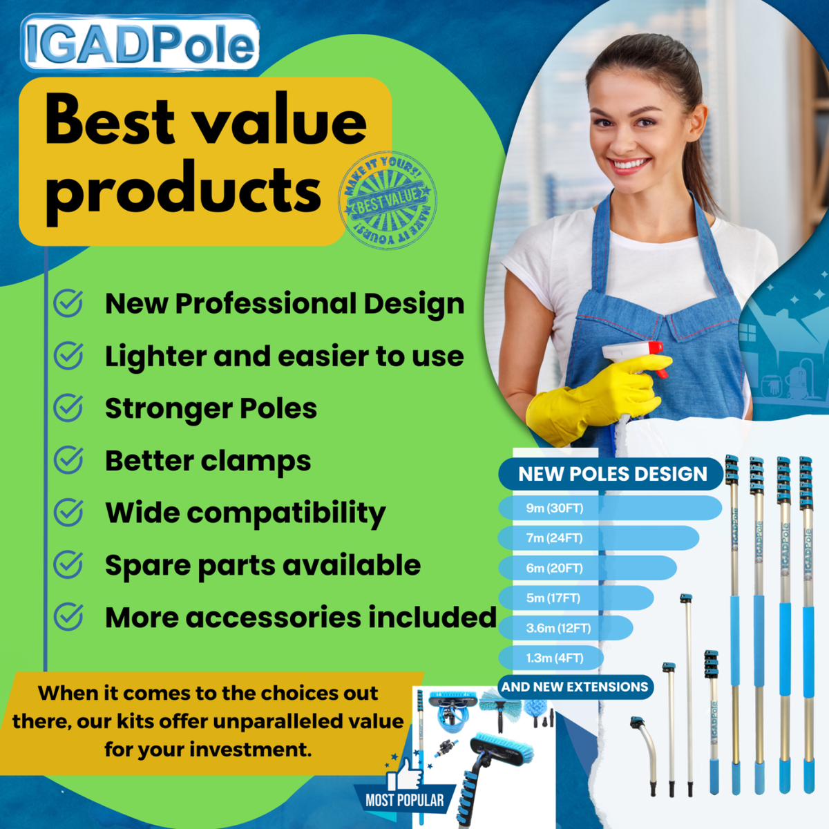 IGADPole 7m (24ft) Extension Pole Kit with Water-fed Brush and Hose, with 6-Stage Telescoping Pole 5-24ft Pole-4