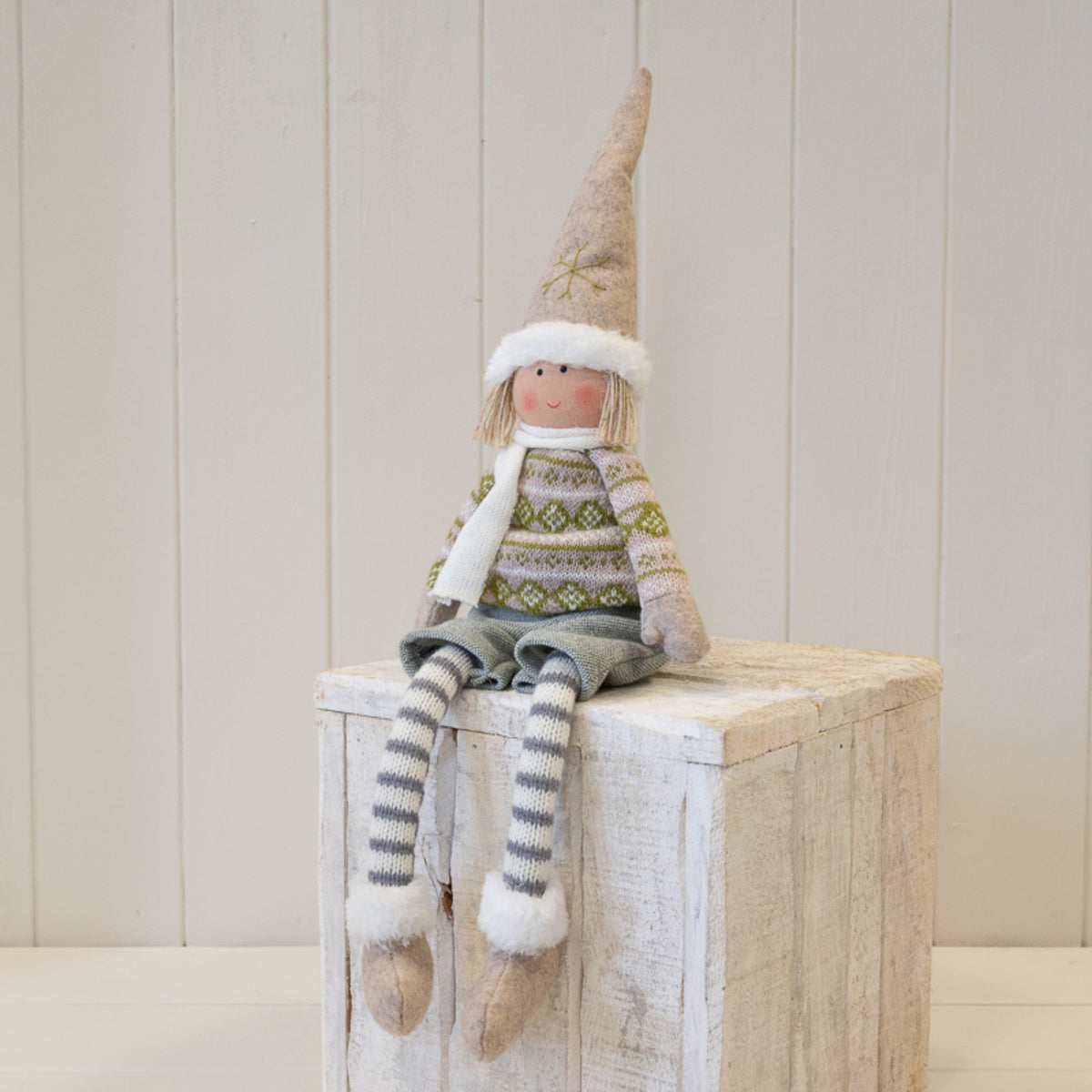 Natural and Grey Fabric Boy Christmas Doll in Winter Sweater-1