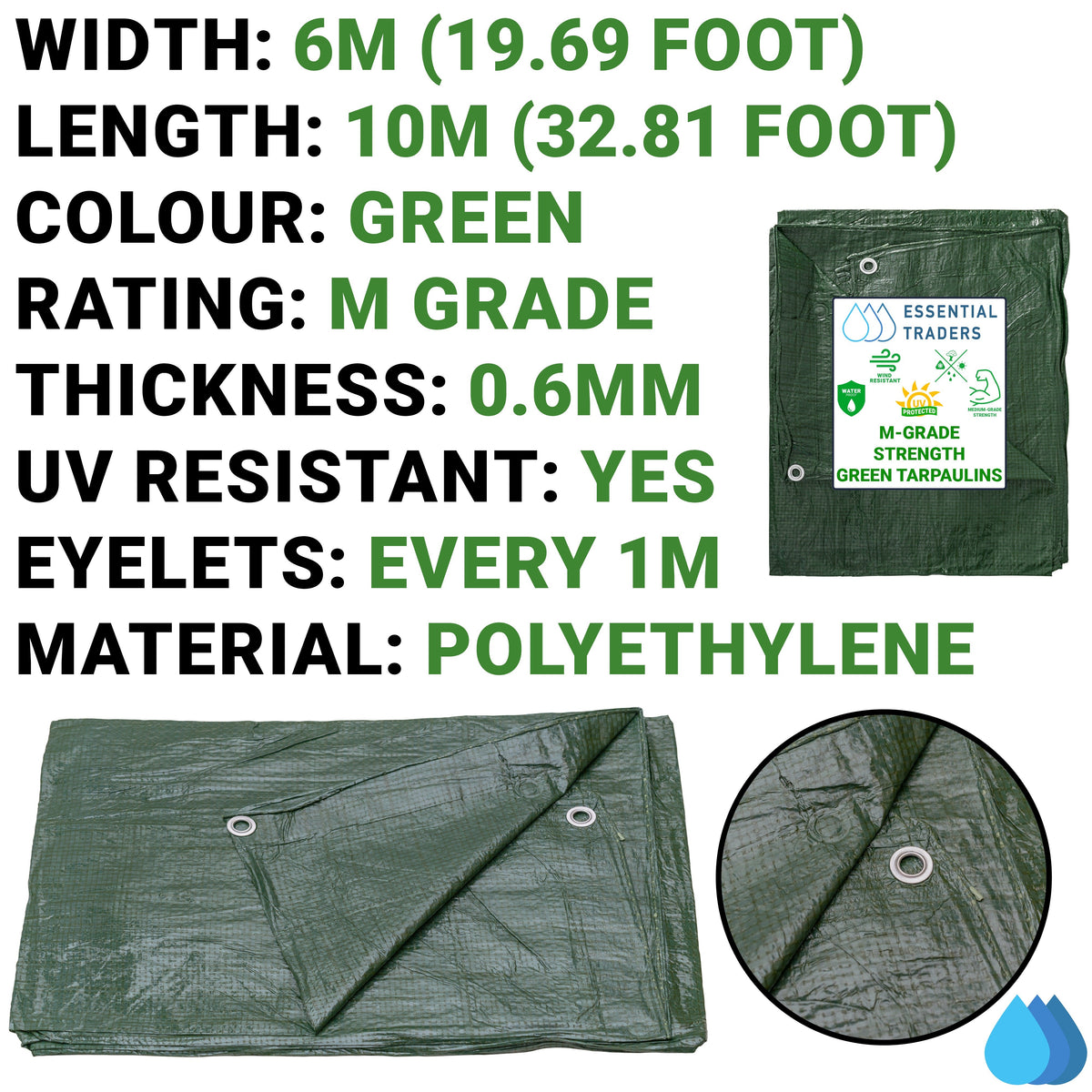 6m x 10m Green Tarpaulins, M-Grade 90 GSM-1